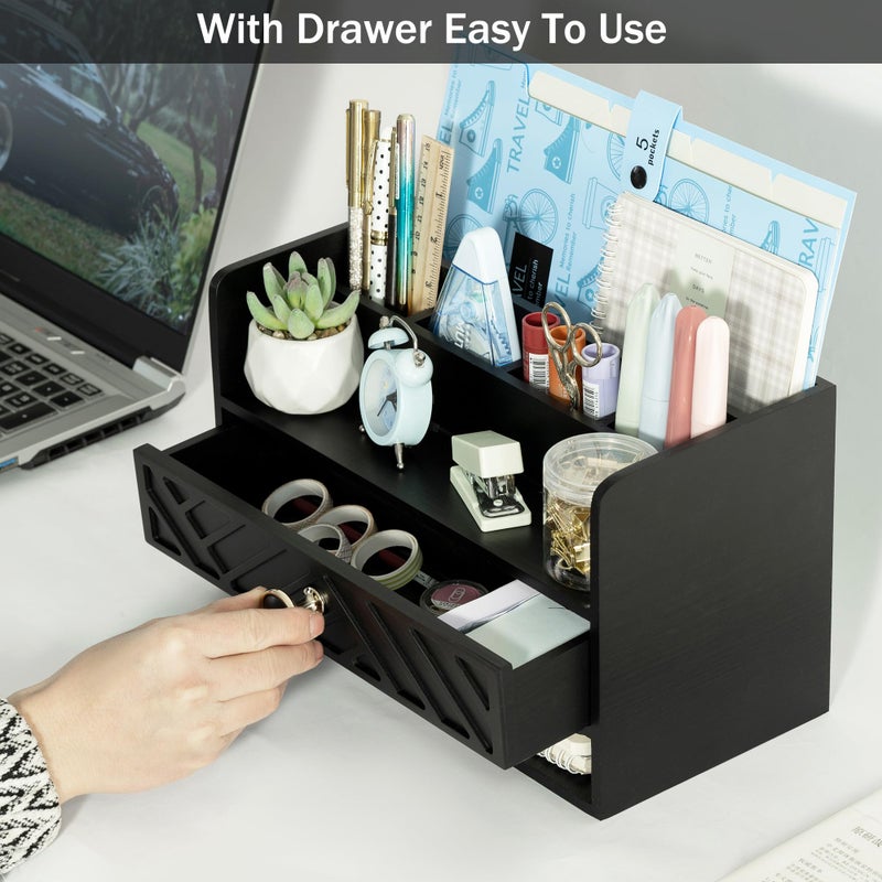 dreampossible Black Wood Desk Organizer and Accessories with Drawer  Bill Mail Organizer and File Mail Holder for Office Supplies  Desk Accessories & Workspace Organizers for Desk Organization - Image 2